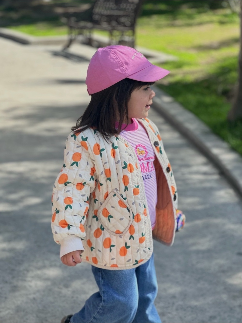 Kids Quilted Orange Print Jacket - Cream with Orange